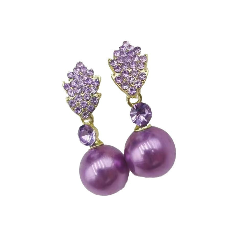 Purple Full-Diamond Leaf Pearl Earrings
