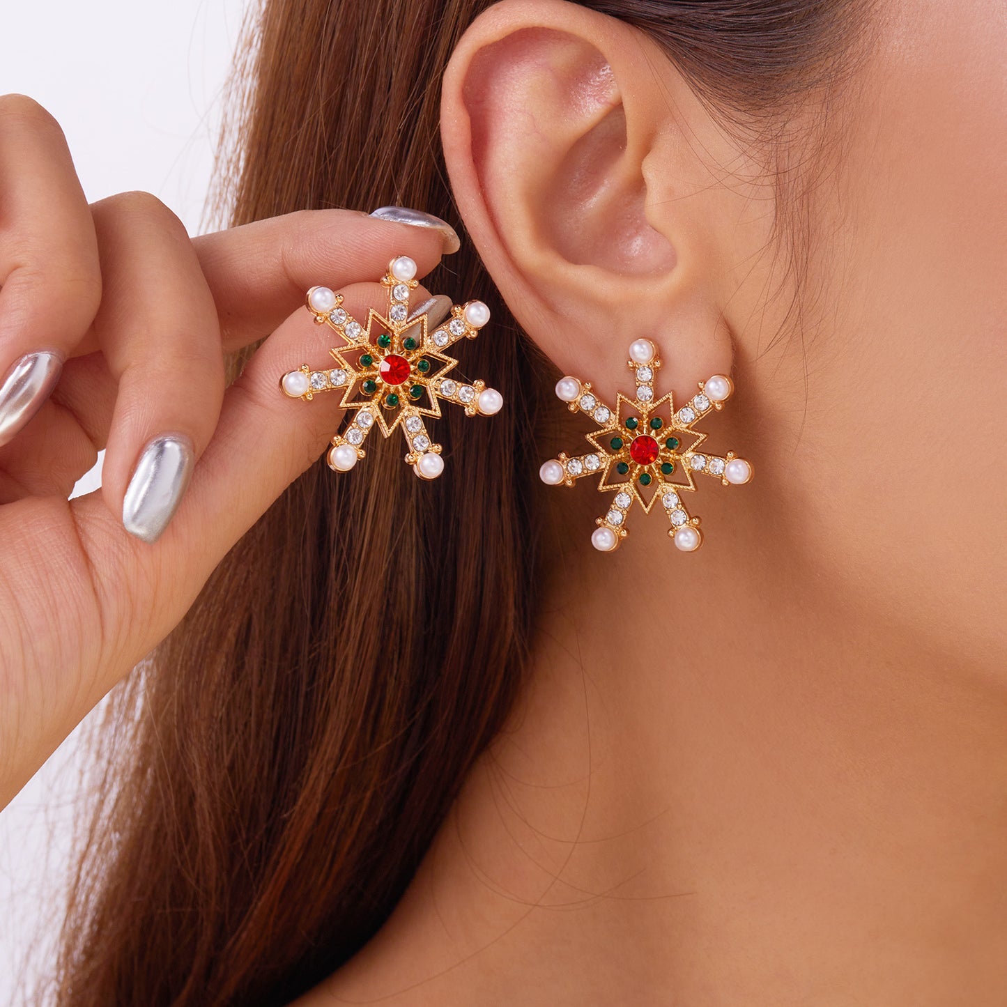 Rhinestone Pearl Christmas Earrings