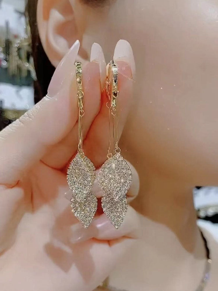 Full-Diamond Leaf Tassel Earrings