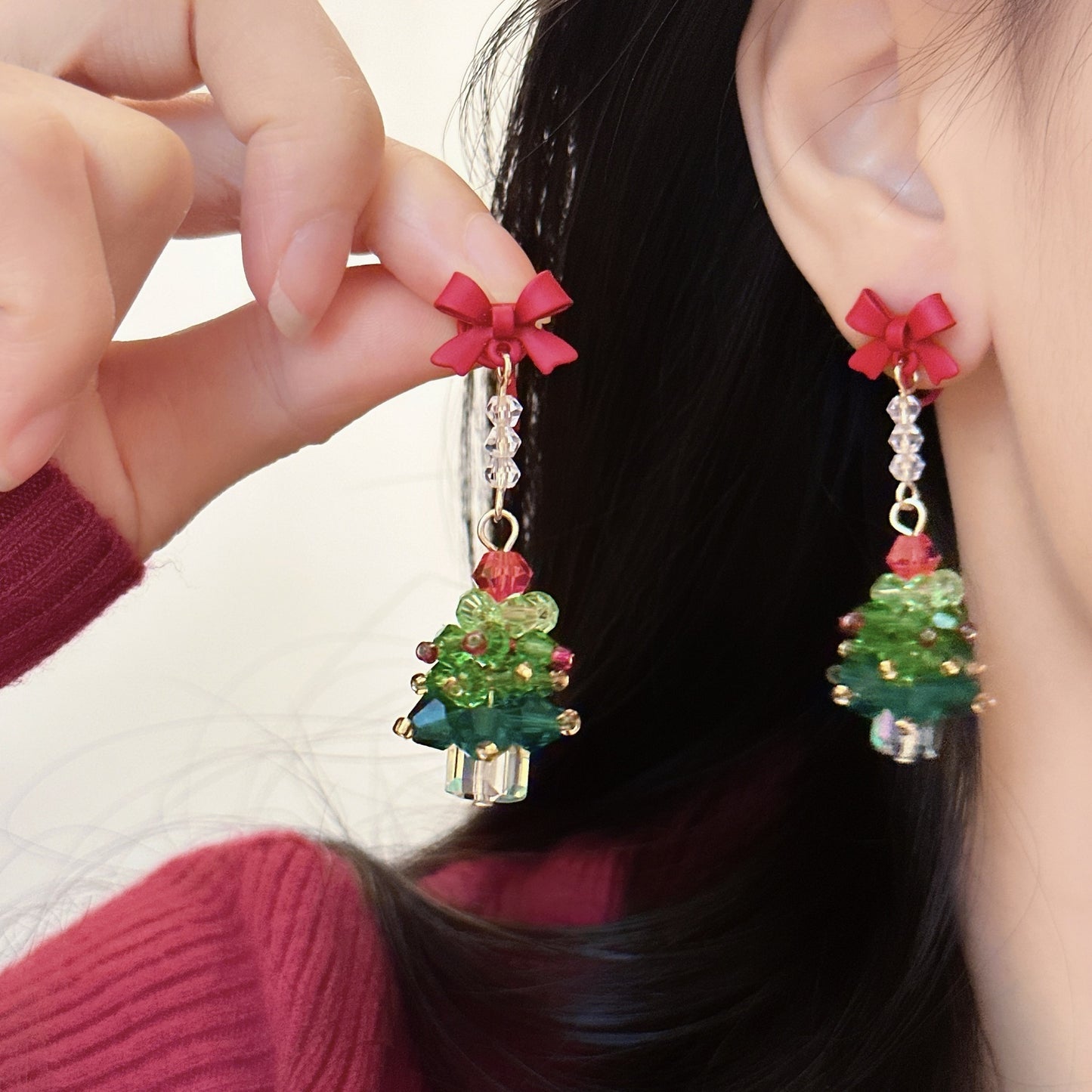 Red Bow Christmas Tree Earrings
