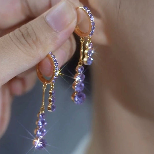 Purple Full-Diamond Tassel Ear Clips