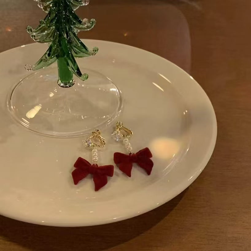 Red Velvet Bow Pearl Earrings