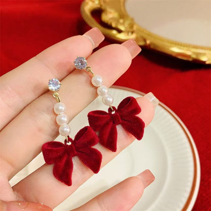 Red Velvet Bow Pearl Earrings