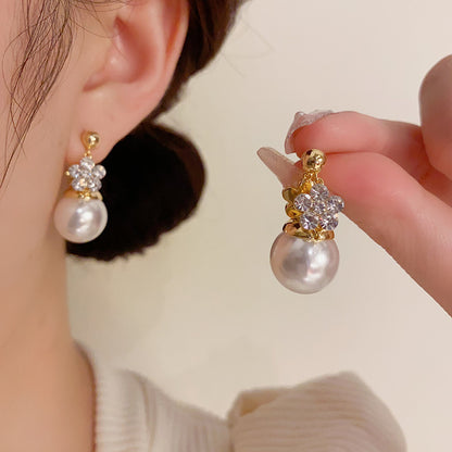 Korean-style double-sided flower pearl earrings