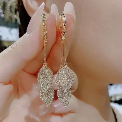 Full-Diamond Leaf Tassel Earrings