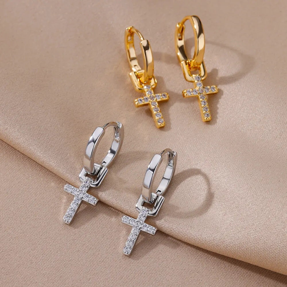 18K Gold Cross Zircon Earrings