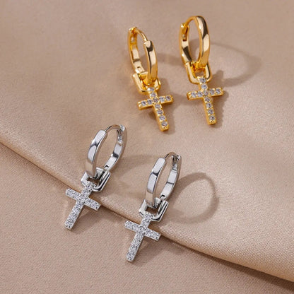 18K Gold Cross Zircon Earrings