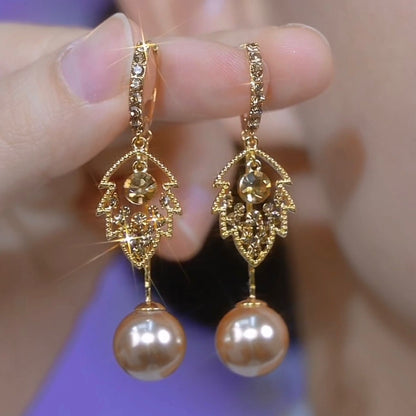 Coffee Diamond Leaf Pearl Earrings