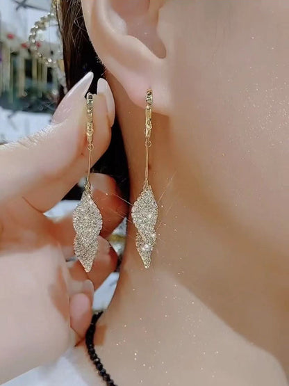 Full-Diamond Leaf Tassel Earrings