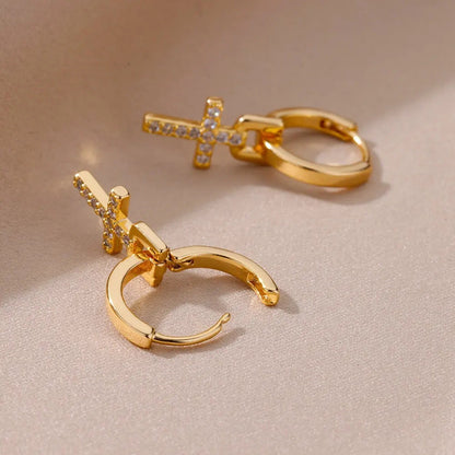 18K Gold Cross Zircon Earrings