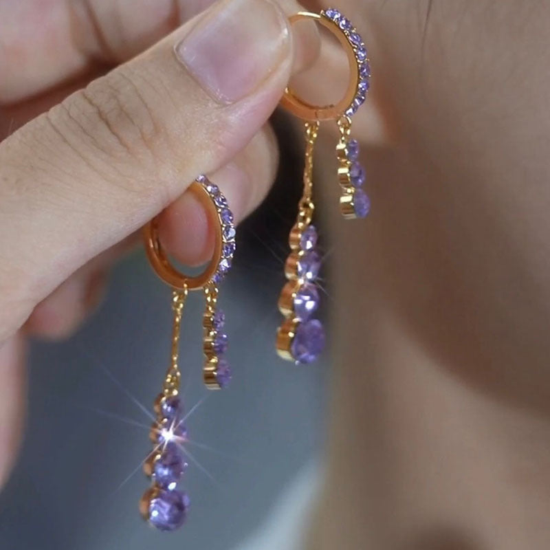 Purple Full-Diamond Tassel Ear Clips