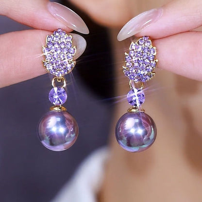 Purple Full-Diamond Leaf Pearl Earrings