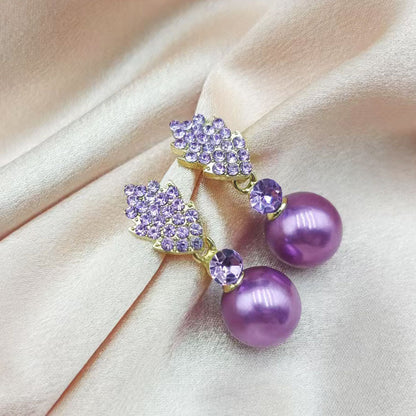Purple Full-Diamond Leaf Pearl Earrings