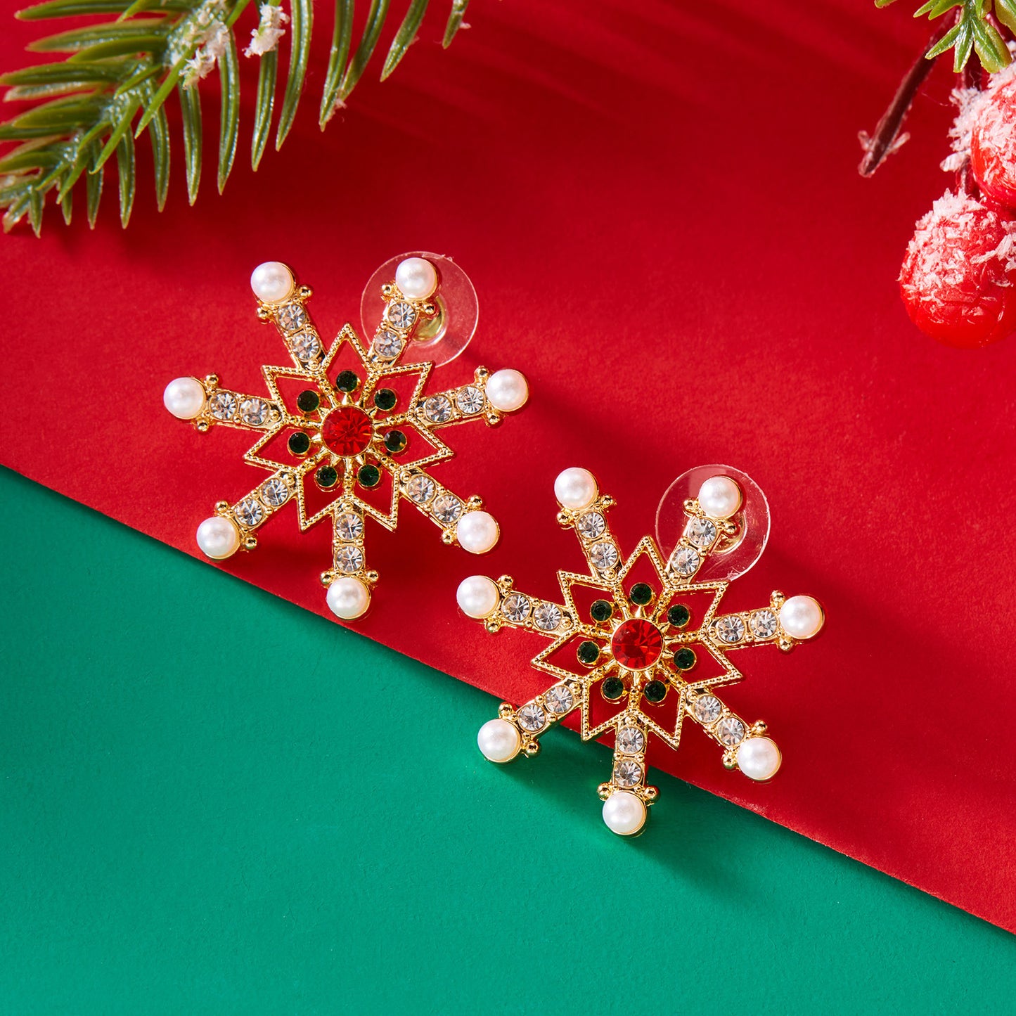 Rhinestone Pearl Christmas Earrings