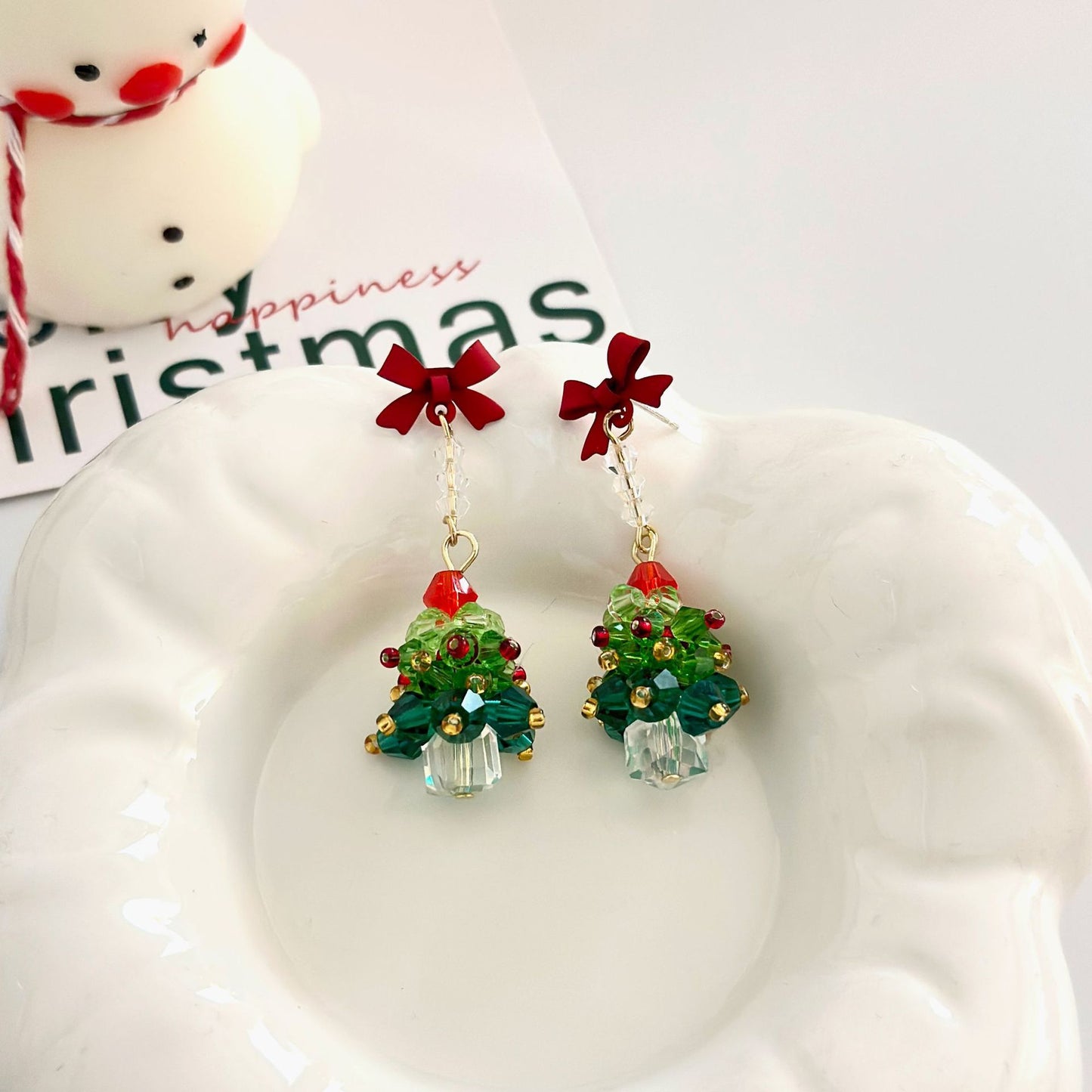 Red Bow Christmas Tree Earrings