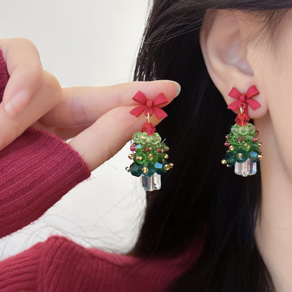 Red Bow Christmas Tree Earrings