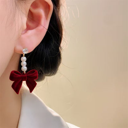 Red Velvet Bow Pearl Earrings
