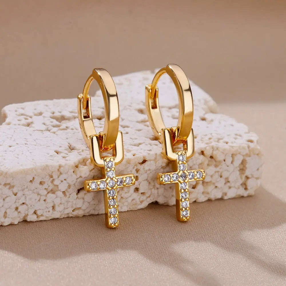 18K Gold Cross Zircon Earrings
