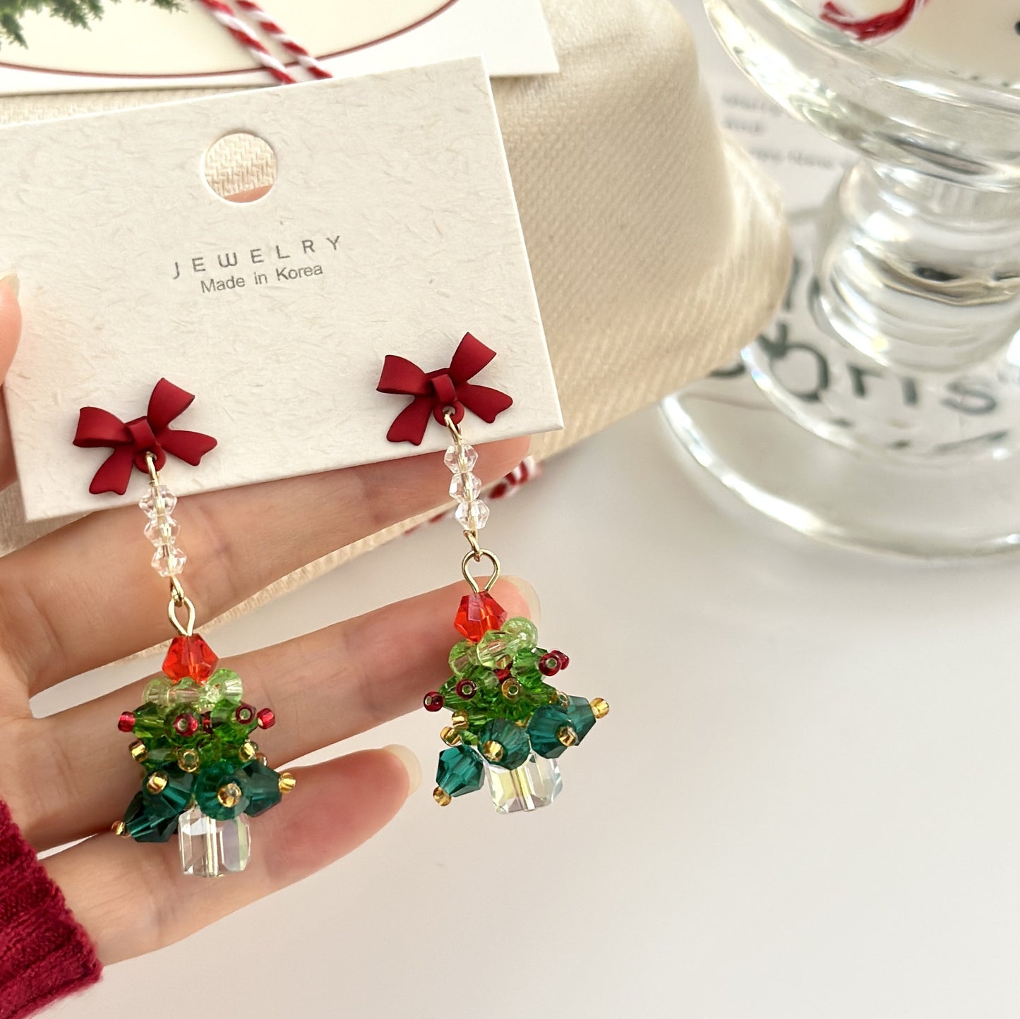 Red Bow Christmas Tree Earrings