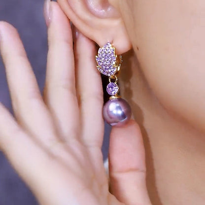 Purple Full-Diamond Leaf Pearl Earrings