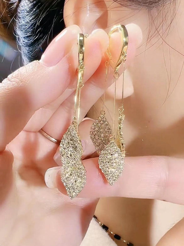 Full-Diamond Leaf Tassel Earrings