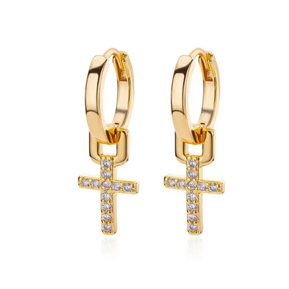18K Gold Cross Zircon Earrings