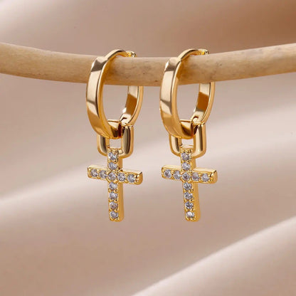 18K Gold Cross Zircon Earrings