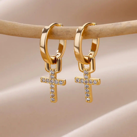18K Gold Cross Zircon Earrings