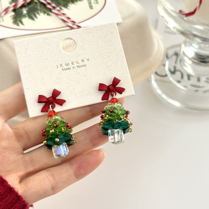 Red Bow Christmas Tree Earrings