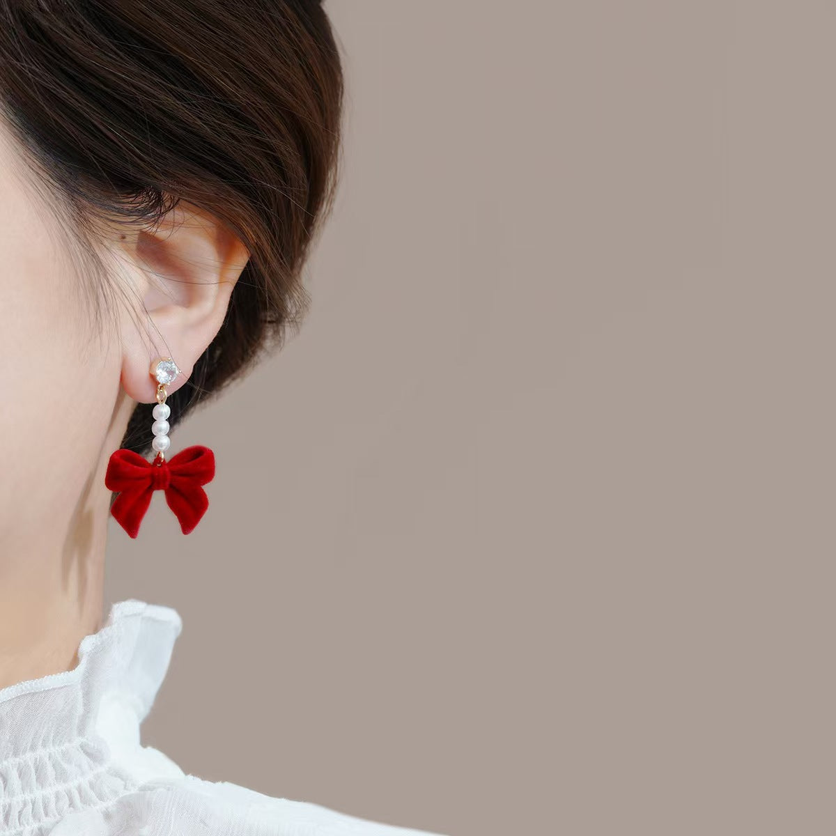 Red Velvet Bow Pearl Earrings