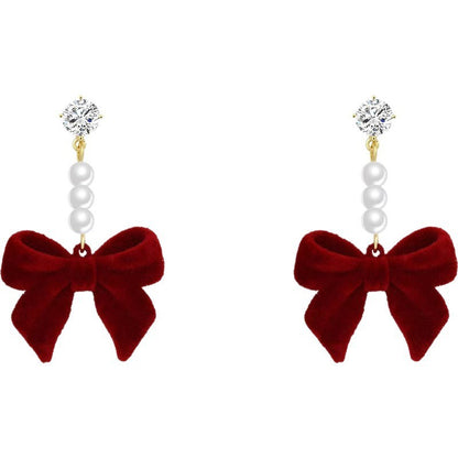 Red Velvet Bow Pearl Earrings